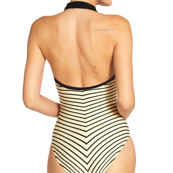 Robin Piccone Parker Stripe Rib One-Piece Swimsuit in Ecru/ Black Size 6 - Picture 2 of 7